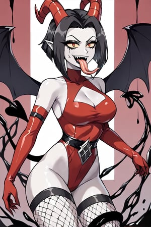 Lute, 1girl, demon, red demon wings, ((black hair)), short hair, pointy ears, yellow sclera, red eyes, red demon horns, colored skin, white skin, red demon tail, red sleeveless leotard, red elbow gloves, fishnets, goth makeup, perfect anatomy, solo, (insanely detailed, beautiful detailed face, masterpiece, best quality), (sharp), score_9, score_8_up, score_7_up, score_6_up, highest quality, 8K, RAW photo, source_anime, perfect face, ((large tongue)), tongue out, ((long tongue)), sharp_teeth, black slime, black tentacles, corruption
