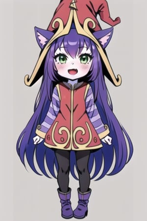 Lulu, 1girl, animal ears, black pantyhose, blush, boots, colored skin, red dress, fang, full body, green eyes, long sleeves, open mouth, pantyhose, long purple hair, purple skin, striped, red witch hat, yordle, perfect anatomy, female_solo,anime_coloring