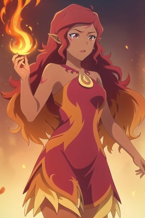 Azari Firedancer, 1girl, dark skin, long red hair, brown eyes, gradient hair, red dress, pointy ears, perfect anatomy, female_solo, fire magic