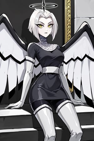 Lute, 1girl, angel, white hair, short hair, yellow eyes, black halo, colored skin, white skin, yellow eyes, black and white wings, small gray dress, black leggings, white thigh boots, chainmail collar, white sash, white elbow gloves, perfect anatomy, female_solo, (insanely detailed, beautiful detailed face, masterpiece, best quality), score_9, score_8_up, score_7_up, highest quality, 8K, RAW photo