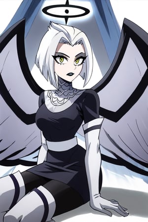 Lute, 1girl, angel, white hair, short hair, yellow eyes, black halo, colored skin, white skin, yellow eyes, gray makeup, black lipstick, black and white wings, small gray dress, black pantyhose, white thigh boots, chainmail collar, white sash, white elbow gloves, perfect anatomy, female_solo, (insanely detailed, beautiful detailed face, masterpiece, best quality), score_9, score_8_up, score_7_up, highest quality, 8K, RAW photo, boku_no_hero_academia_style