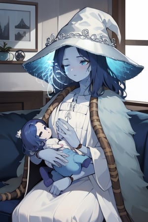 Ranni, 1girl, wavy hair, blue skin, cracked skin, ((extra arms)), extra faces, doll, joints, doll joints, white dress, hat, cloak, extra arms, blue hair, wavy hair, blue, perfect anatomy, female_solo, BFMother, 1baby, person holding baby, person and baby, motherly, sofa, living room