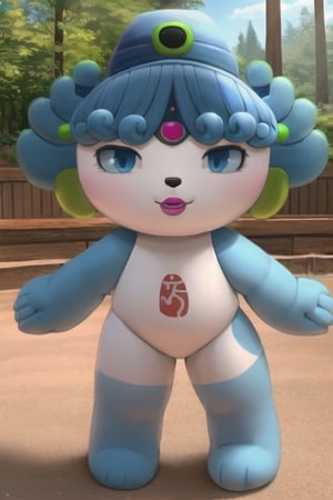 Beibei, 1girl, blue eyes, pink lips, green jewel on forehead, humanoid, white skin, blue arms, blue legs, triangle-shaped nose, short curly blue hair, bangs, green earrings, fish tail accessory on head, perfect anatomy, female_solo, (insanely detailed, beautiful detailed face, masterpiece, best quality)