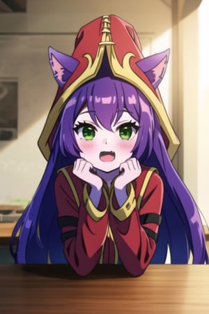 Lulu, 1girl, animal ears, black pantyhose, blush, boots, colored skin, red dress, fang, full body, green eyes, long sleeves, open mouth, pantyhose, long purple hair, purple skin, striped, red witch hat, yordle, perfect anatomy, female_solo, pov across table, across table, upper body, looking at viewer, first person pov