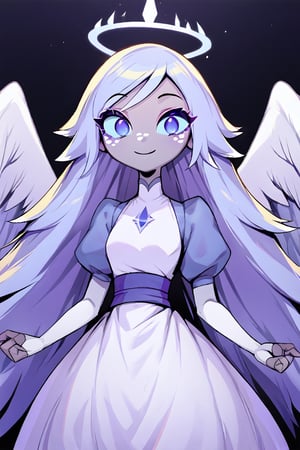 Emily, 1girl, angel, angel wings, purple eyes, colored skin, grey skin, white freckles, halo, light blue sclera, long hair, closed mouth, petite, smile, very long hair, white dress, long purple puffy sleeves, purple sash, white elbow fingerless gloves, white hair, perfect anatomy, female_solo, (insanely detailed, beautiful detailed face, masterpiece, best quality), score_9, score_8_up, score_7_up, highest quality, 8K, RAW photo