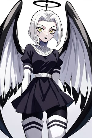 Lute, 1girl, angel, white hair, short hair, yellow eyes, black halo, colored skin, white skin, yellow eyes, gray makeup, black lipstick, black and white wings, small gray dress, black pantyhose, white thigh boots, chainmail collar, white sash, white elbow gloves, perfect anatomy, female_solo, (insanely detailed, beautiful detailed face, masterpiece, best quality), score_9, score_8_up, score_7_up, highest quality, 8K, RAW photo, kimetsu_no_yaiba_style