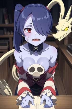 Squigly, 1girl, bare shoulders, detached sleeves, hair over one eye, red eyes, side ponytail, detached collar, skull, blue skin, stitches, zombie, striped sleeves, stitched mouth, perfect anatomy, female_solo, PinchingPOV, pov, cheek pull,PinchingPOV