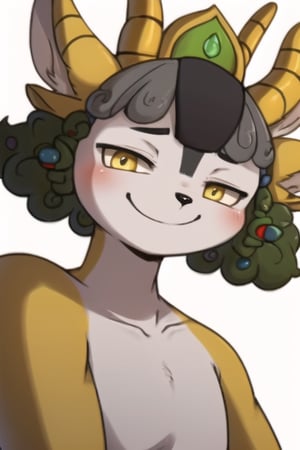 Yingying, 1boy, antelope, furry, yellow eyes, humanoid, slanted eyes, asian features, black animal nose, gray curly head hair, curly hair, yellow tiara, green headphones, yellow antelope antlers, horns, yellow antelope ears, white torso, (yellow limbs, black stripe in center of hair), kemono, perfect anatomy, solo, (insanely detailed, beautiful detailed face, masterpiece, best quality), score_9, score_8_up, score_7_up, smug expression