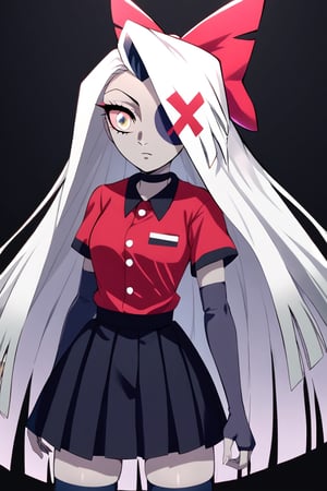 Vaggie, 1girl, gray skin, white hair, pink sclera, yellow eyes, long hair, red shirt, short sleeves, collared shirt, black choker, midriff, black skirt, grey elbow gloves, fingerless gloves, grey thighhighs, red hair bow, red hair ribbon, perfect anatomy, female_solo, (insanely detailed, beautiful detailed face, masterpiece, best quality), score_9, score_8_up, score_7_up, highest quality, 8K, RAW photo, kimetsu_no_yaiba_style