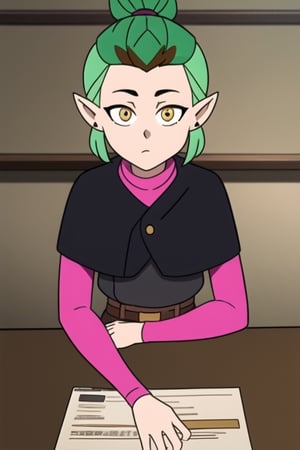 Amity Blight, 1girl, green hair, yellow eyes, ponytail, pink sleeves, pink legwear, black capelet, gray tunic, black footwear, belt, pointy ears, perfect anatomy, solo, across table, upper body, looking at viewer, first person pov