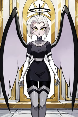 Lute, 1girl, angel, angel wings, white hair, short hair, yellow eyes, black halo, colored skin, white skin, yellow eyes, black and white wings, small gray dress, black leggings, white thigh boots, chainmail collar, white sash, white elbow gloves, perfect anatomy, female_solo, (insanely detailed, beautiful detailed face, masterpiece, best quality), score_9, score_8_up, score_7_up, highest quality, 8K, RAW photo