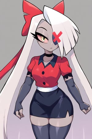 Vaggie, 1girl, gray skin, white hair, pink sclera, yellow pupils, long hair, red shirt, short sleeves, collared shirt, black choker, midriff, black skirt, white sash, grey elbow gloves, fingerless gloves, grey thighhighs, red hair bow, red hair ribbon, perfect anatomy, female_solo, (insanely detailed, beautiful detailed face, masterpiece, best quality), score_9, score_8_up, score_7_up, highest quality, 8K, RAW photo