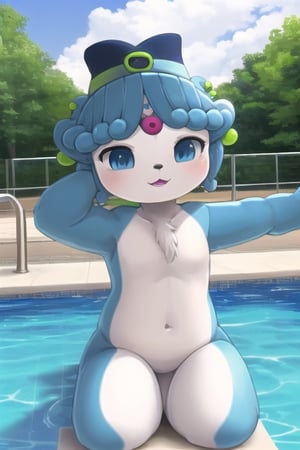 Beibei, 1girl, blue eyes, pink lips, (pink jewel on forehead), humanoid, (white skin, white torso), ((blue arms, blue legs)), triangle-shaped nose, black nose, short curly blue hair, bangs, green earrings, (fish tail accessory on head), kemono, perfect anatomy, female_solo, (insanely detailed, beautiful detailed face, masterpiece, best quality), score_9, score_8_up, score_7_up, highest quality, 8K, RAW photo, swimming pool