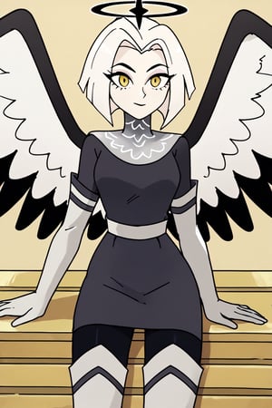 Lute, 1girl, angel, white hair, short hair, yellow eyes, black halo, colored skin, white skin, yellow eyes, black and white wings, small gray dress, black pantyhose, white thigh boots, chainmail collar, white sash, white elbow gloves, perfect anatomy, female_solo, (insanely detailed, beautiful detailed face, masterpiece, best quality), score_9, score_8_up, score_7_up, highest quality, 8K, RAW photo, yagi the goat
