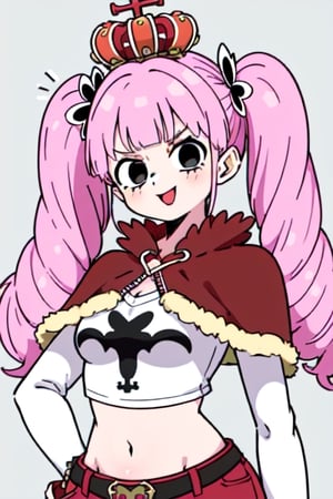 PeronaChan, 1girl, pink hair, black eyes, blunt bangs, drill hair, red lipstick, twintails, crown, (white and black striped stockings), red boots, red capelet, white shirt with sleeves, red skirt, midriff, perfect anatomy, female_solo, smug expression, upper_body