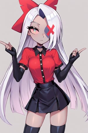 Vaggie, 1girl, gray skin, white hair, pink sclera, yellow pupils, long hair, red shirt, short sleeves, collared shirt, black choker, midriff, black skirt, grey elbow gloves, fingerless gloves, grey thighhighs, red hair bow, red hair ribbon, perfect anatomy, female_solo, (insanely detailed, beautiful detailed face, masterpiece, best quality), score_9, score_8_up, score_7_up, highest quality, 8K, RAW photo
