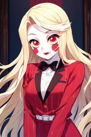 Charlie Morningstar, 1girl, long hair, blonde hair, colored skin, white skin, yellow sclera, red eyes, red cheeks, fangs, red suit, white shirt, black bowtie, red pants, perfect anatomy, female_solo, (insanely detailed, beautiful detailed face, masterpiece, best quality), score_9, score_8_up, score_7_up, highest quality, 8K, RAW photo, kimetsu_no_yaiba_style