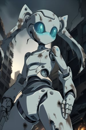 Drossel, 1girl, robot, android, non-humanoid, white skin, robot joints, blue eyes, no mouth, twintails, perfect anatomy, solo, multiple_boys, zombie apocalypse, ruined city, horror (theme)