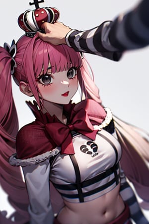 PeronaChan, 1girl, pink hair, black eyes, blunt bangs, drill hair, red lipstick, twintails, crown, (white and black striped stockings), red boots, red capelet, white shirt with sleeves, red skirt, midriff, perfect anatomy, female_solo, upper_body, HeadpatPOV, first_person_pov