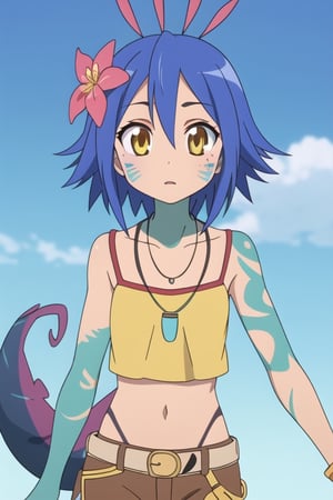 Neeko, 1girl, facial marks, hair ornaments, hair flower, necklace, brown shorts, crop top, multicolored skin, lizard tail, body paint, yellow eyes, perfect anatomy, female_solo, lucky star