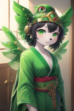 Nini, 1girl, green eyes, black hair, white torso, white skin, (green limbs), black nose, pale green earmuffs, green hat, humanoid, ((green bird wings on head)), (green aztec headdress), perfect anatomy, solo, (insanely detailed, beautiful detailed face, masterpiece, best quality), kemono, green kimono