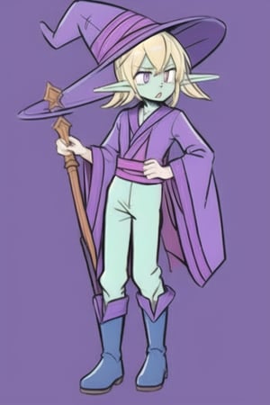 Taako, 1boy, elf, mint green skin, blonde hair, long pointy ears, pointy nose, purple eyes, purple witch hat, long purple robe, white blouse, indigo pants, dark blue boots, navy blue skirt, perfect anatomy, solo,
mouth