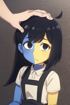 ENA (Joel G), split color body (blue on right, yellow on left), white t-shirt, black skirt with overall straps, 1girl, black eyes, black socks (thigh-high on right, ankle on left), black shoes, grain effect on hair, perfect anatomy, solo, better hands, HeadpatPOV, pov, headpat, upper_body