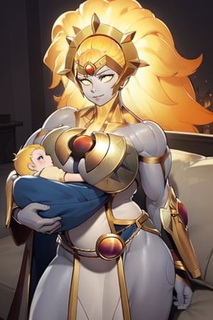  Dawnbreaker (Dota), glowing hair, yellow eyes, glowing eyes, colored skin, grey skin, 1girl, armor, blonde hair, glowing hair, long hair, fantasy goddess, glowing angelic being, curvy body, huge breasts, long robe, long dress, holy, breastplate, muscular, perfect anatomy, solo, BFMother, 1baby, mother holding baby, mother and baby, motherly, sofa, living room
