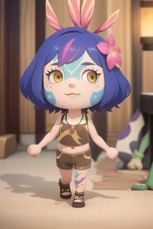 Neeko, 1girl, facial marks, hair ornaments, hair flower, necklace, brown shorts, crop top, multicolored skin, lizard tail, body paint, yellow eyes, perfect anatomy, female_solo, chibi, animal crossing