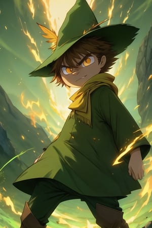 Snufkin, 1boy, human, short hair, brown hair, pointy nose, green coat, green pants, brown boots, green hat with yellow feather, yellow scarf, dark brown eyes, perfect anatomy, solo, (insanely detailed, beautiful detailed face, masterpiece, best quality, detailed, detailed background, 8k, 4k, detailed shaders, glow effect, play of light, high contrast), score_9, score_8_up, score_7_up, highest quality, 8K, RAW photo, source_anime, perfect face, r1ge, glowing, aura, energy, beam, flying debris, angry, (green theme:1.2), upper_body, DonMM4g1c, magical, whimsical, fairytale, fantasy