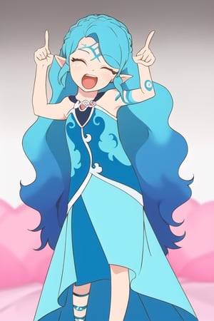 Naida Riverheart, 1girl, long blue hair, blue eyes, blue dress, gradient hair, tattoos, pointy ears, perfect anatomy, female_solo, internet yamero, internet yamero, open mouth, finger raised, ^ ^, closed eyes, simple background