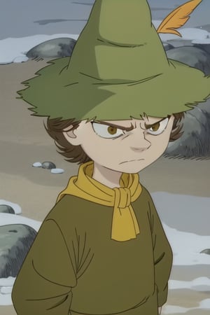 Snufkin, 1boy, short brown hair, pointy nose, green coat, green pants, brown boots, green hat with yellow feather, yellow scarf, dark brown eyes, perfect anatomy, solo, upper_body, angry, frowning