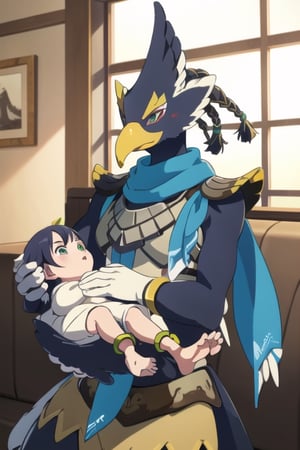 Revali, 1boy, anthro, avian bird, beak, ((winged-arms)), green eyes, bird tail, armor, blue scarf, feathered wings, claws, tail, blue, feathers, anklet, bird legs, perfect anatomy, solo, BFMother, 1baby, person holding baby, person and baby, motherly, sofa, living room