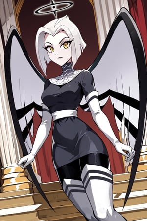 Lute, 1girl, angel, white hair, short hair, yellow eyes, black halo, colored skin, white skin, yellow eyes, black and white wings, small gray dress, black leggings, white thigh boots, chainmail collar, white sash, white elbow gloves, perfect anatomy, female_solo, (insanely detailed, beautiful detailed face, masterpiece, best quality), score_9, score_8_up, score_7_up, highest quality, 8K, RAW photo