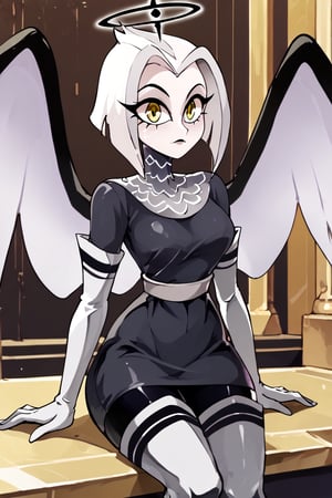 Lute, 1girl, angel, white hair, short hair, yellow eyes, black halo, colored skin, white skin, yellow eyes, black and white wings, small gray dress, black leggings, white thigh boots, chainmail collar, white sash, white elbow gloves, perfect anatomy, female_solo, (insanely detailed, beautiful detailed face, masterpiece, best quality), score_9, score_8_up, score_7_up, highest quality, 8K, RAW photo