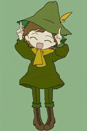 Snufkin, 1boy, short brown hair, pointy nose, green coat, green pants, brown boots, green hat with yellow feather, yellow scarf, dark brown eyes, perfect anatomy, sol, internet yamero, open mouth, finger raised, ^ ^, closed eyes, simple background