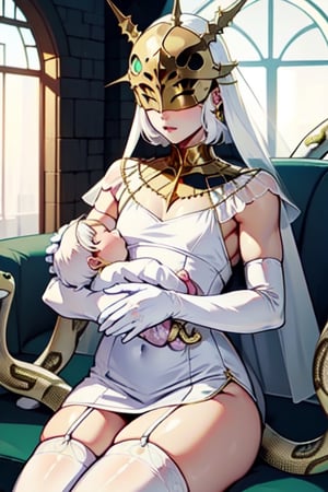 Gywndolin, short white hair, androgynous, 1boy, male, femboy, flat-chested, GwyRob, white thighhighs, ((golden sun mask)), covered eyes, gold jewelry, white elbow gloves, long white dress, green snakes, white veil, ((snakes under white dress)), perfect anatomy, solo, BFMother, 1baby, person holding baby, person and baby, motherly, sofa, living room