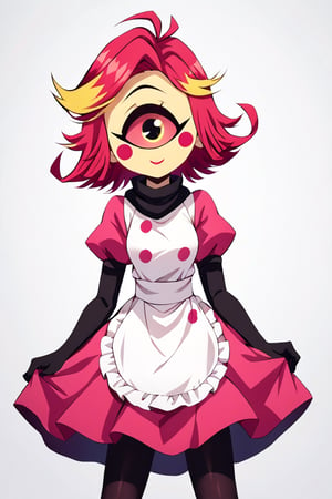 Niffty, 1girl, yellow skin, makeup, blush stickers, (pink sclera), yellow eyes, short hair, pink-red hair with yellow streak, white apron, paint splatter, maid, pink dress, pink puffy sleeves, black scarf, black pantyhose, black elbow gloves, (cyclops), perfect anatomy, female_solo, (insanely detailed, beautiful detailed face, masterpiece, best quality), score_9, score_8_up, score_7_up, highest quality, 8K, RAW photo, kimetsu_no_yaiba_style