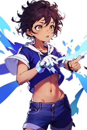 LuzS1, 1girl, short brown hair, brown eyes, dark skin, blue and white shirt with hoodie, jeans shorts, black leggings, white shoes, midriff, short sleeves, perfect anatomy, female_solo, magic