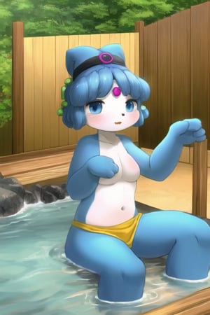 Beibei, 1girl, blue eyes, pink lips, (pink jewel on forehead), humanoid, (white skin, white torso), ((blue arms, blue legs)), triangle-shaped nose, black nose, short curly blue hair, bangs, green earrings, (fish tail accessory on head), kemono, perfect anatomy, female_solo, (insanely detailed, beautiful detailed face, masterpiece, best quality), score_9, score_8_up, score_7_up, upper_body, hot_spring, towel, bathhouse