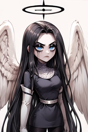 1girl, angel, black hair, very long hair, blue eyes, black halo, angel wings, ((black and white wings)), small gray dress, long sleeves, black pantyhose, white thigh boots, chainmail collar, white sash, white elbow gloves, perfect anatomy, female_solo, (insanely detailed, beautiful detailed face, masterpiece, best quality), (sharp), score_9, score_8_up, score_7_up, score_6_up, highest quality, 8K, RAW photo, source_anime, perfect face, perfect hands, upper body, simple background, black makeup, constricted_pupils, goth makeup, frown, tired eyes