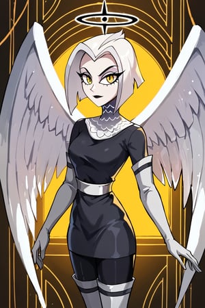 Lute, 1girl, angel, angel wings, white hair, short hair, yellow eyes, black halo, colored skin, white skin, yellow eyes, black and white wings, small gray dress, black leggings, white thigh boots, chainmail collar, white sash, white elbow gloves, perfect anatomy, female_solo, (insanely detailed, beautiful detailed face, masterpiece, best quality), score_9, score_8_up, score_7_up, highest quality, 8K, RAW photo