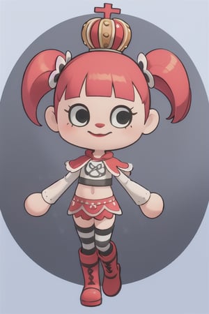 PeronaChan, 1girl, pink hair, black eyes, blunt bangs, drill hair, red lipstick, twintails, crown, (white and black striped stockings), red boots, red capelet, white shirt with sleeves, red skirt, midriff, perfect anatomy, female_solo, (masterpiece), (high quality), chibi, animal crossing
