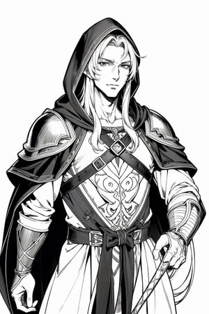 anime style, handsome male elf, long hair, very tall, elven hood down, neutral face, wearing leather shoulder armor in one shoulder. monochrome, white background, tolkien elf, monochrome