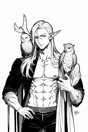 anime style, handsome male elf, long hair, very tall,, neutral face, bare chest six pack. monochrome, white background, tolkien elf, holding an owl on his shoulder as falconer, monochrome
