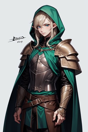 anime style, male elf, long brown hair, very tall, elven hood, neutral face, wearing leather shoulder armor in one shoulder, white background, tolkien elf,