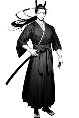 1male handsome samurai with high ponytail, closed eyes, smiling, full body, wearing hakama, monochrome, white background