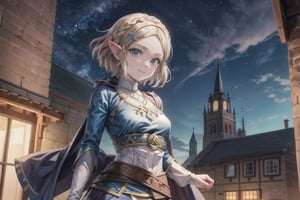 short hair, background, wearing bacl skirt, medieval town, night time town castle view, moolight view
 on face,princess_zelda_aiwaifu