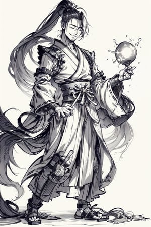 1male samurai with high ponytail, closed eyes, smiling, full body, holding a magic fireball, wearing hakama, monochrome, white background,chinkstyle