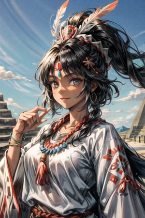 Aztec black woman, black hair long, dark skinned, wearing aztec clothes and head chief feathers, prehispanic outfit, aztec maya city and pyramid background, human ears, looking forward, slight smile, feathered headwear